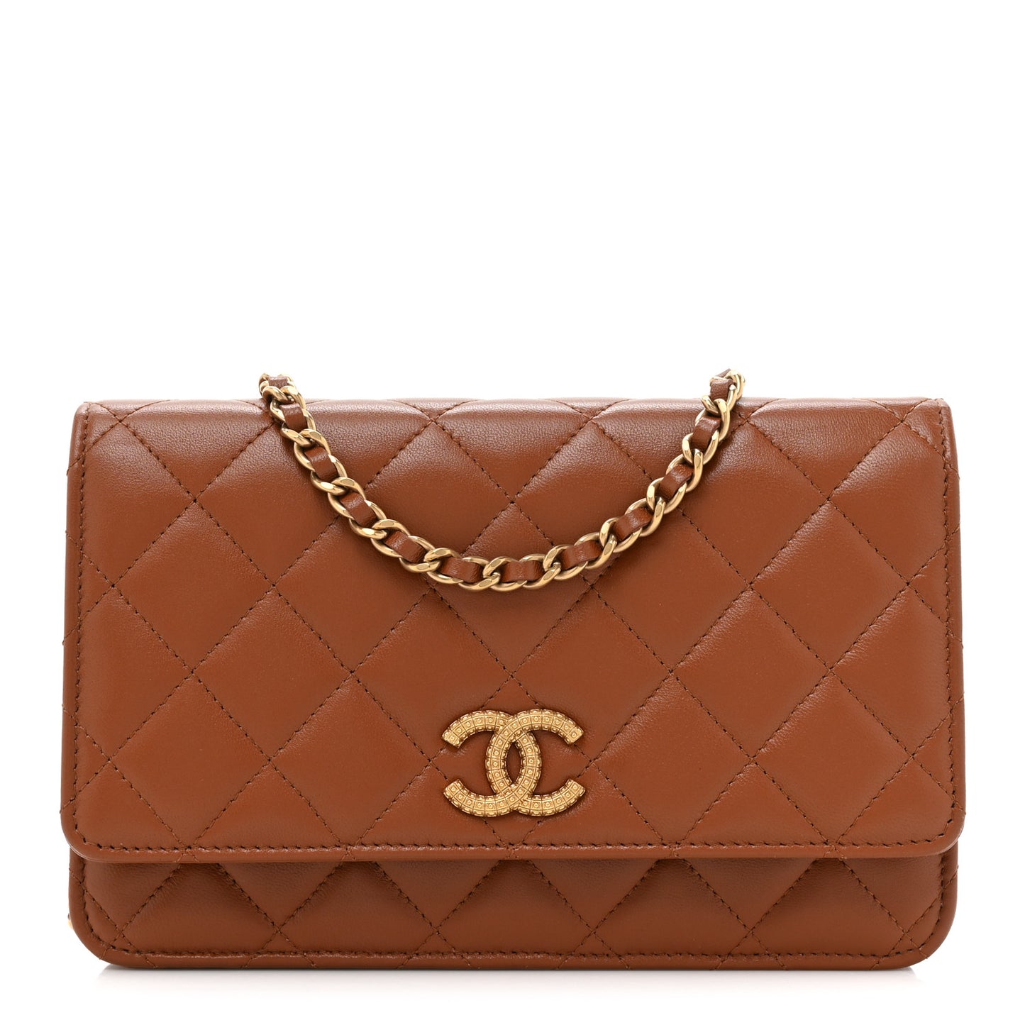 Lambskin Quilted Studded CC Wallet On Chain WOC Light Brown