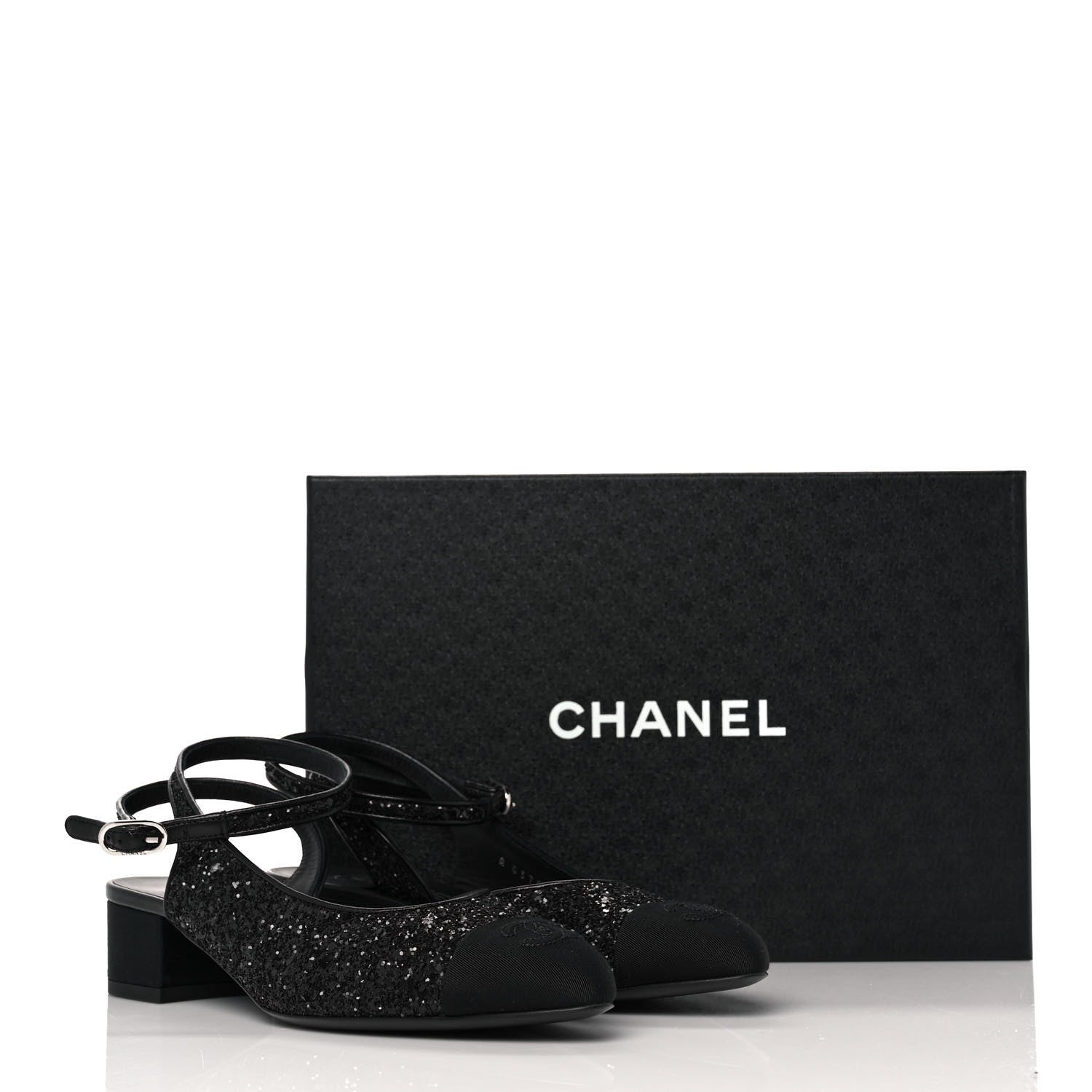 Chanel Glitter Grosgrain Cap Toe CC Ankle Wrap Pumps 37.5 Black 9 of 9