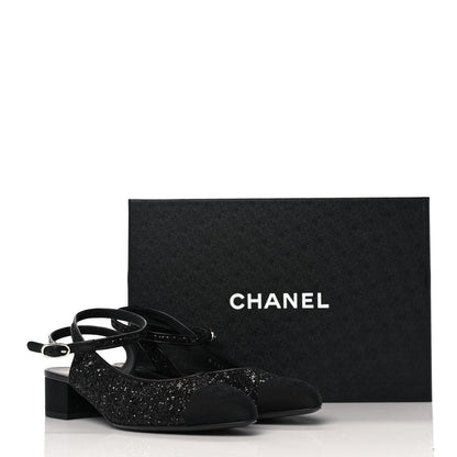 Chanel Glitter Grosgrain Cap Toe CC Ankle Wrap Pumps 37.5 Black 9 of 9