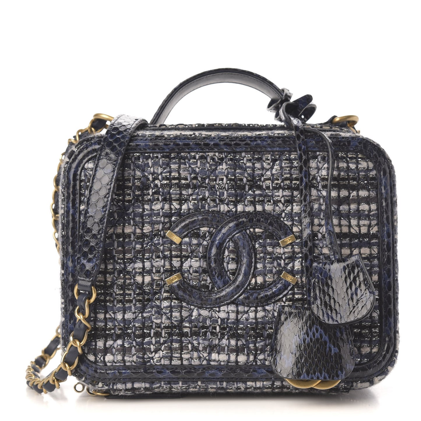 Tweed Snakeskin Quilted Medium CC Filigree Vanity Case Black Ecru Silver