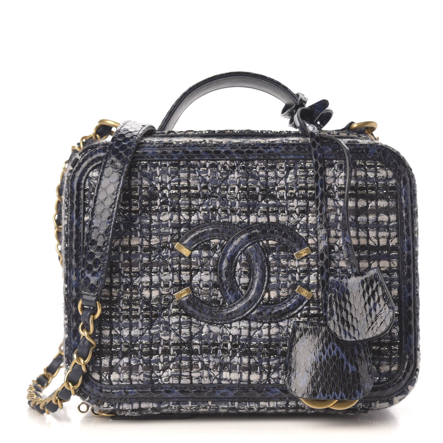 Chanel Tweed Snakeskin Quilted Medium CC Filigree Vanity Case Black Ecru Silver 1 of 10