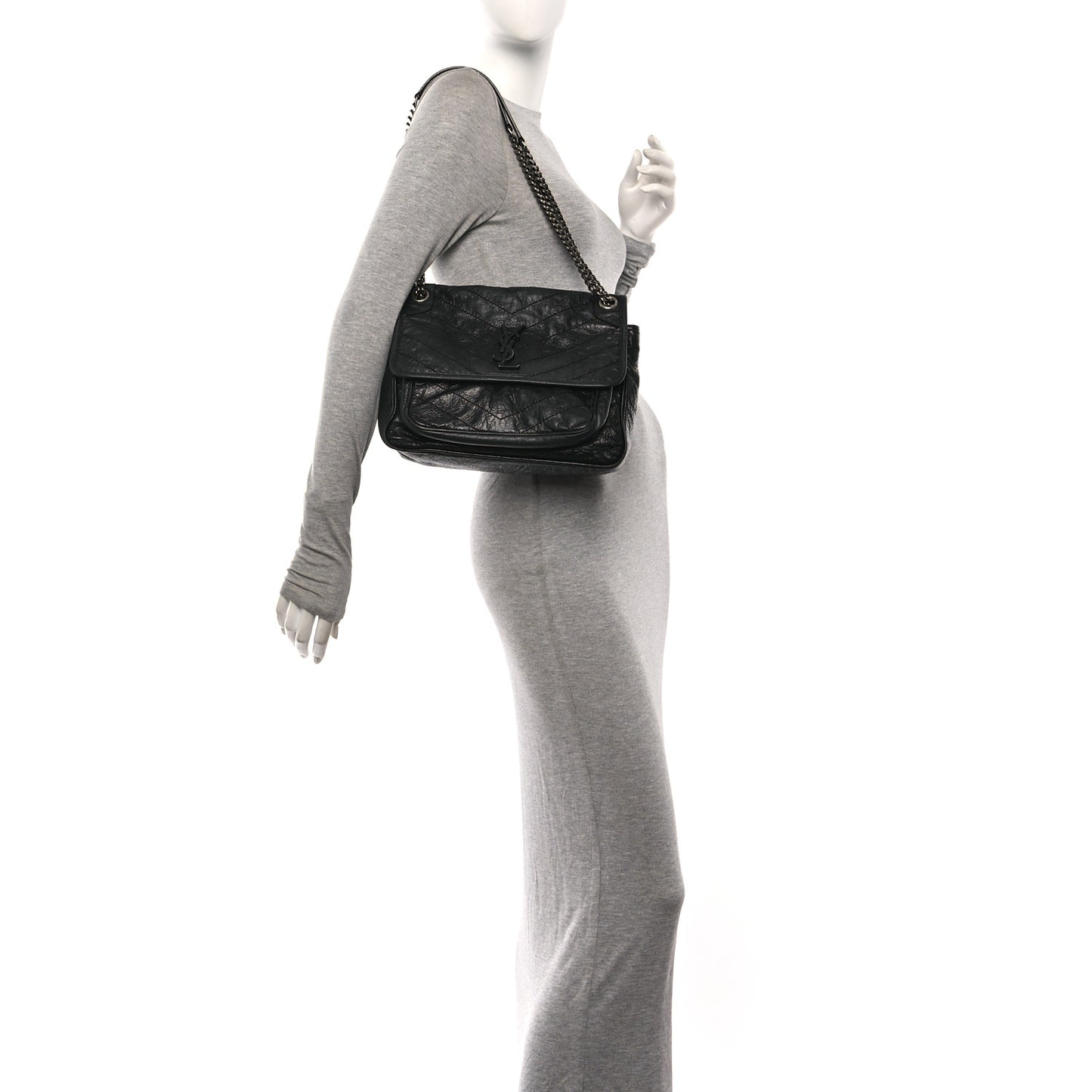Crinkled Calfskin Matelasse Monogram Medium Niki Chain Satchel Black