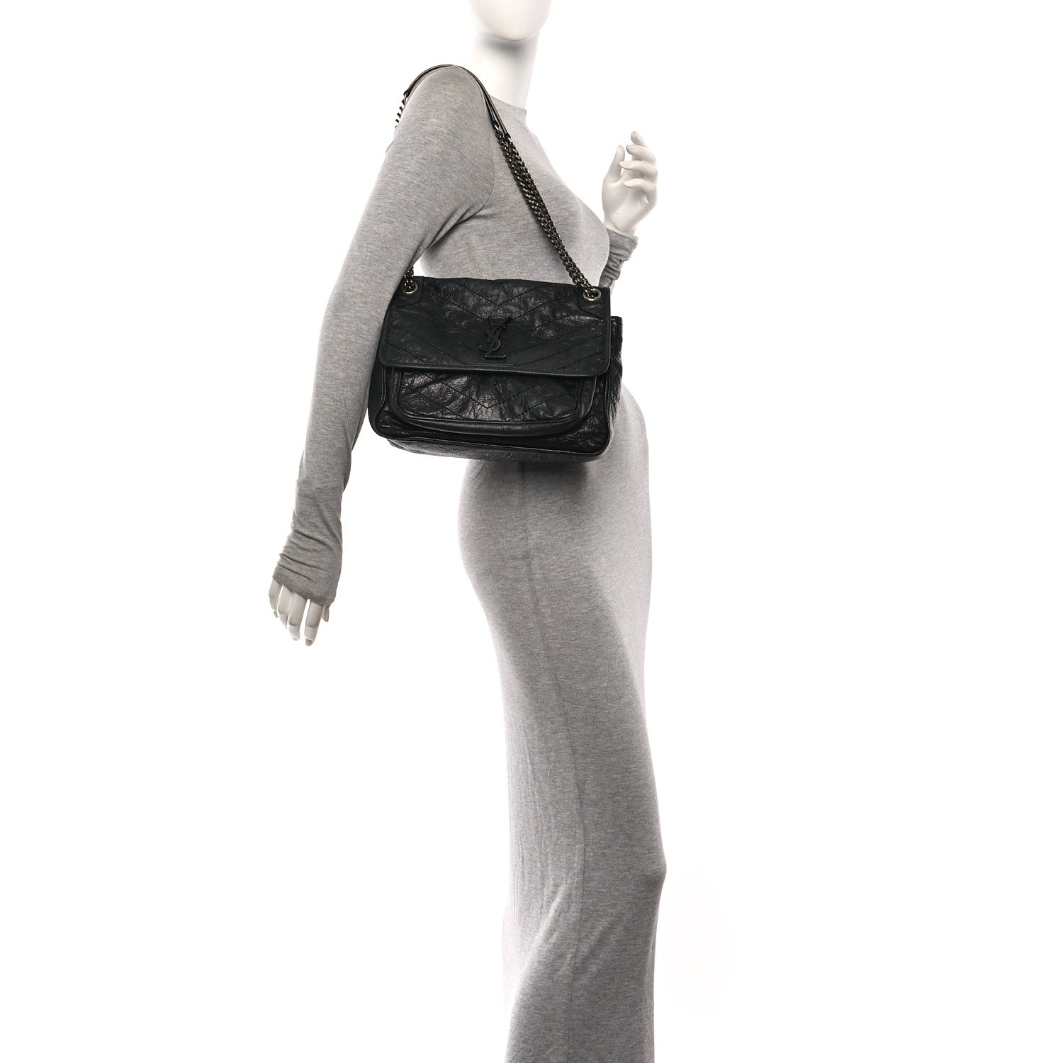 Saint Laurent Crinkled Calfskin Matelasse Monogram Medium Niki Chain Satchel Black 2 of 11