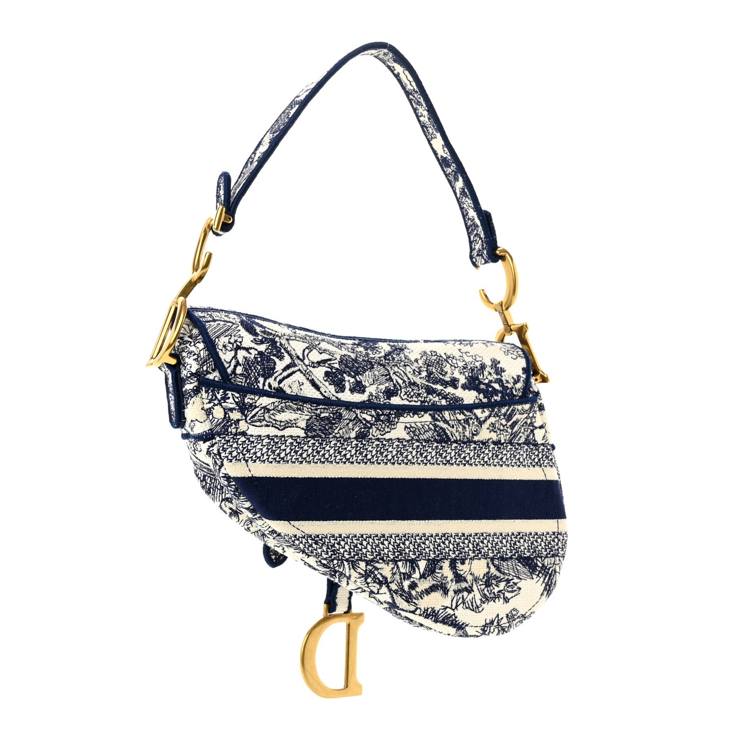 Canvas Embroidered Toile de Jouy Saddle Bag Blue