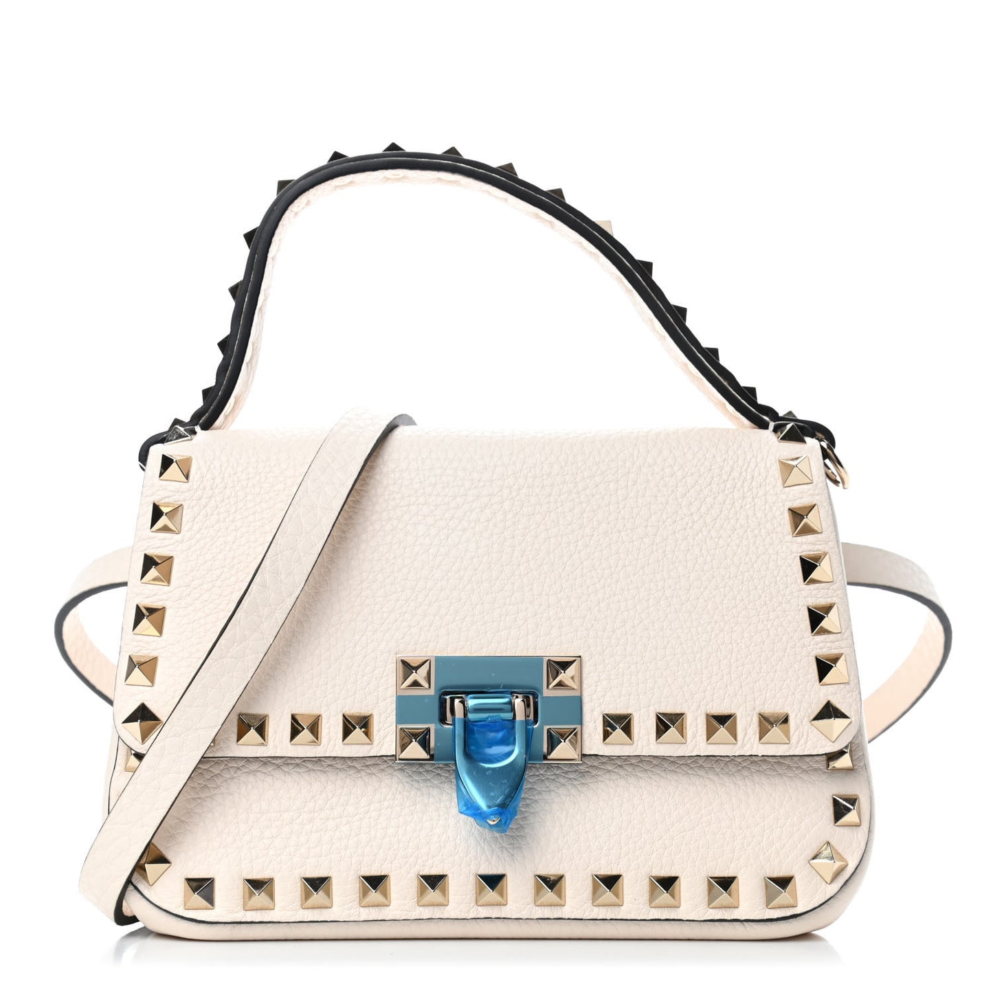 Pebbled Calfskin Small Rockstud Top Handle Bag Light Ivory