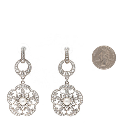 Chanel Crystal Pearl Camellia CC Drop Earrings Silver 2 of 5
