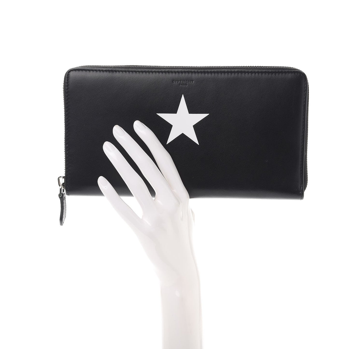 Calfskin Star Pandora Zip Around Wallet Black White