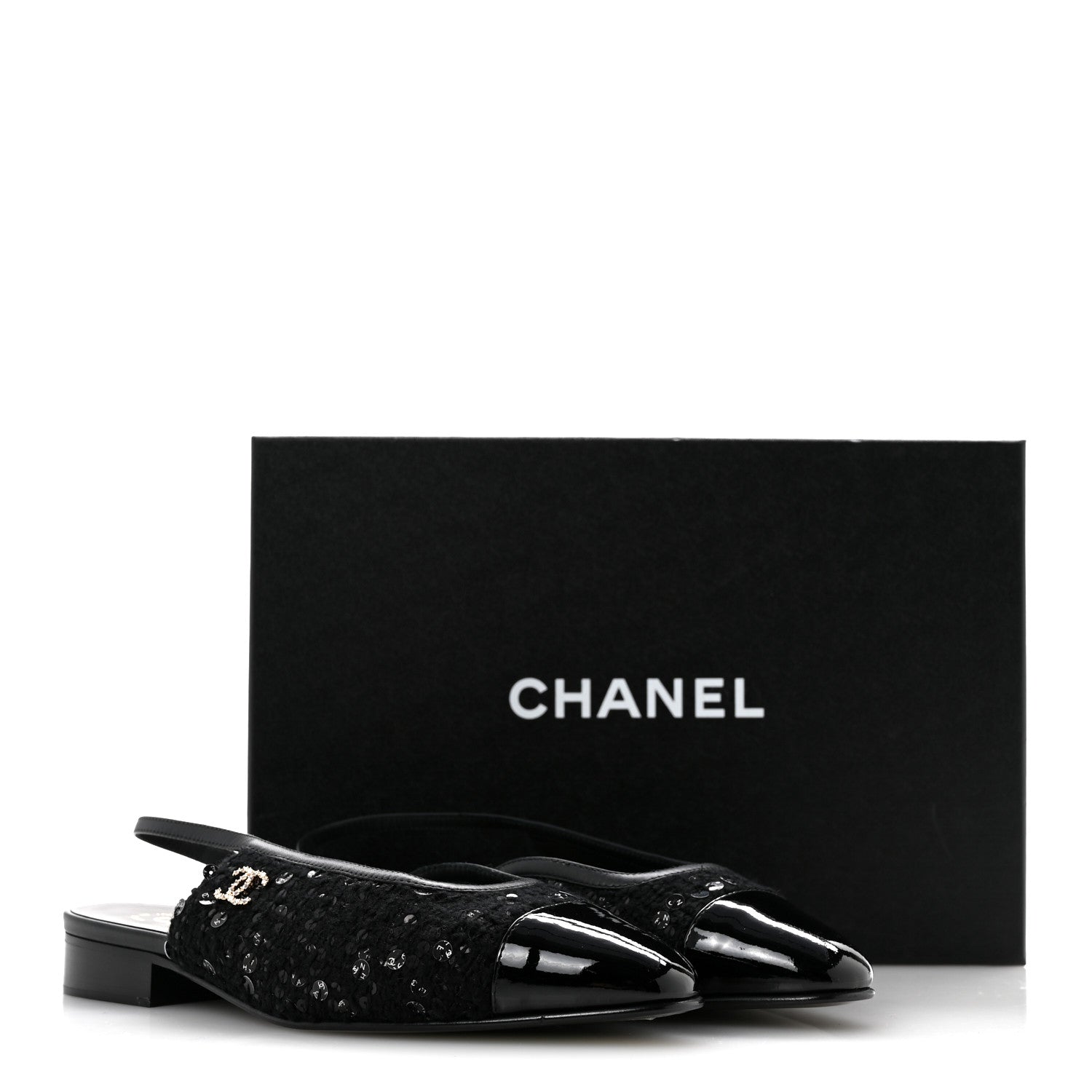 Chanel Glittered Wool Tweed Patent Calfskin Cap Toe CC Slingback Flats 37.5 Black 11 of 11