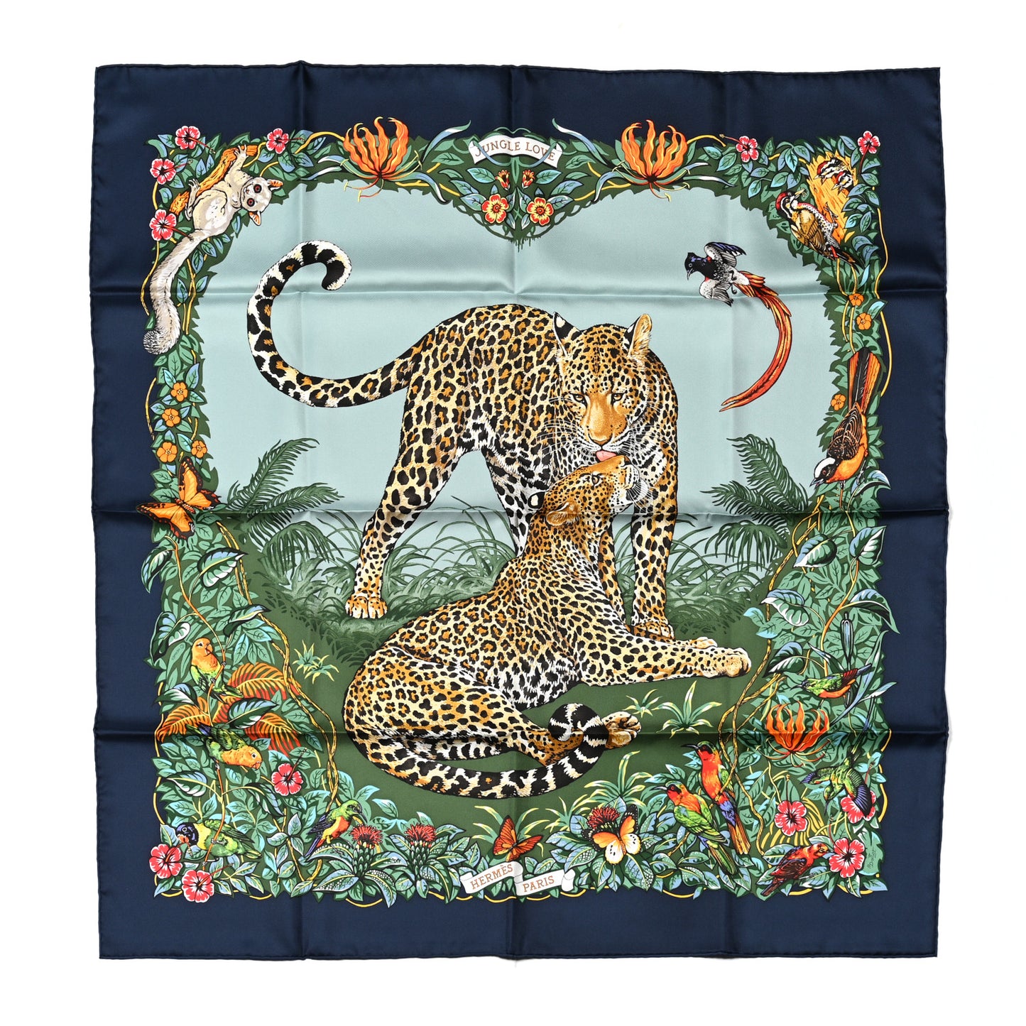 Silk Jungle Love Scarf 90 Marine Vert Orange