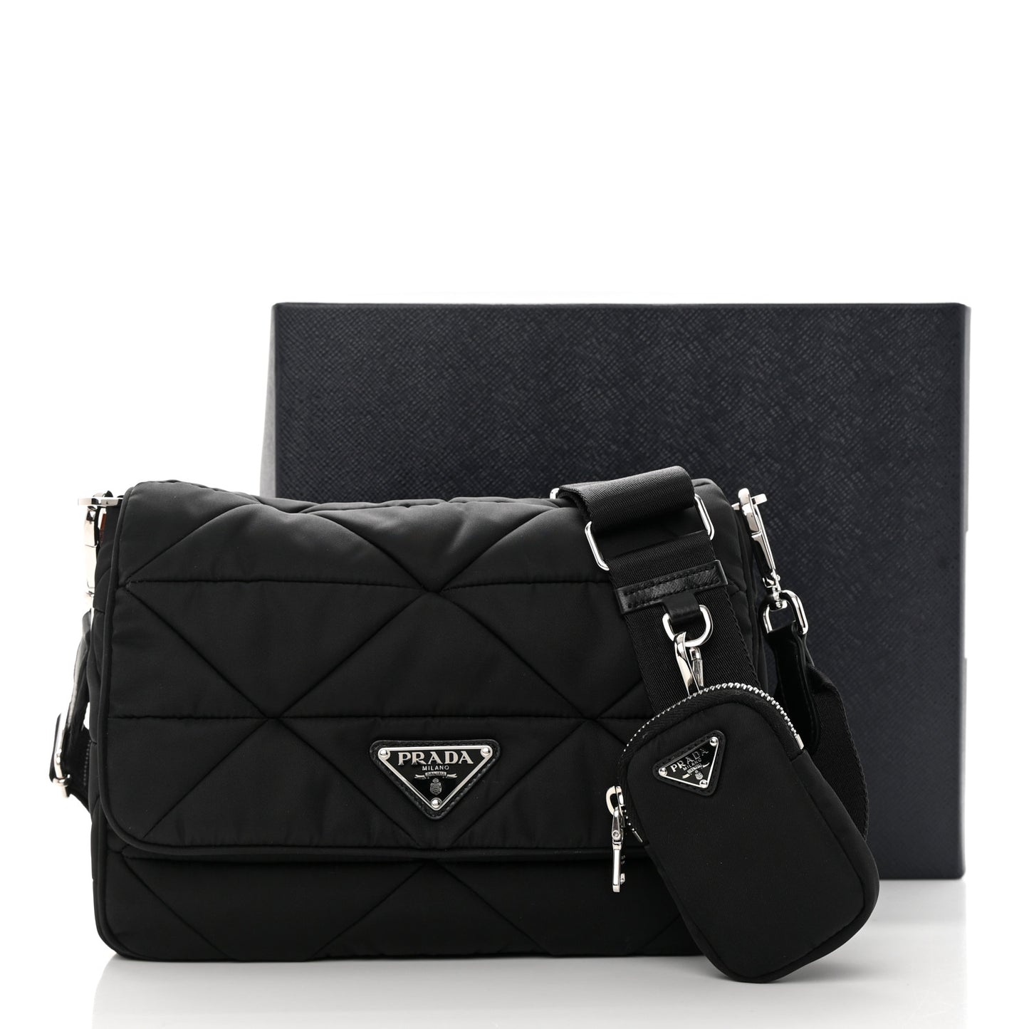 Re-Nylon Quilted Padded Flap Shoulder Bag Black