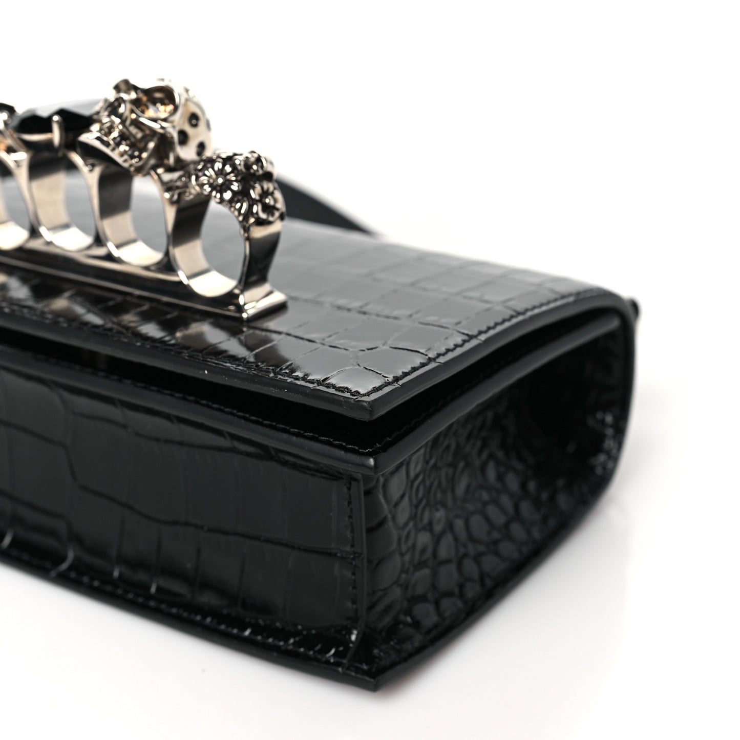 Calfskin Shiny Crocodile Embossed Jeweled Satchel Black