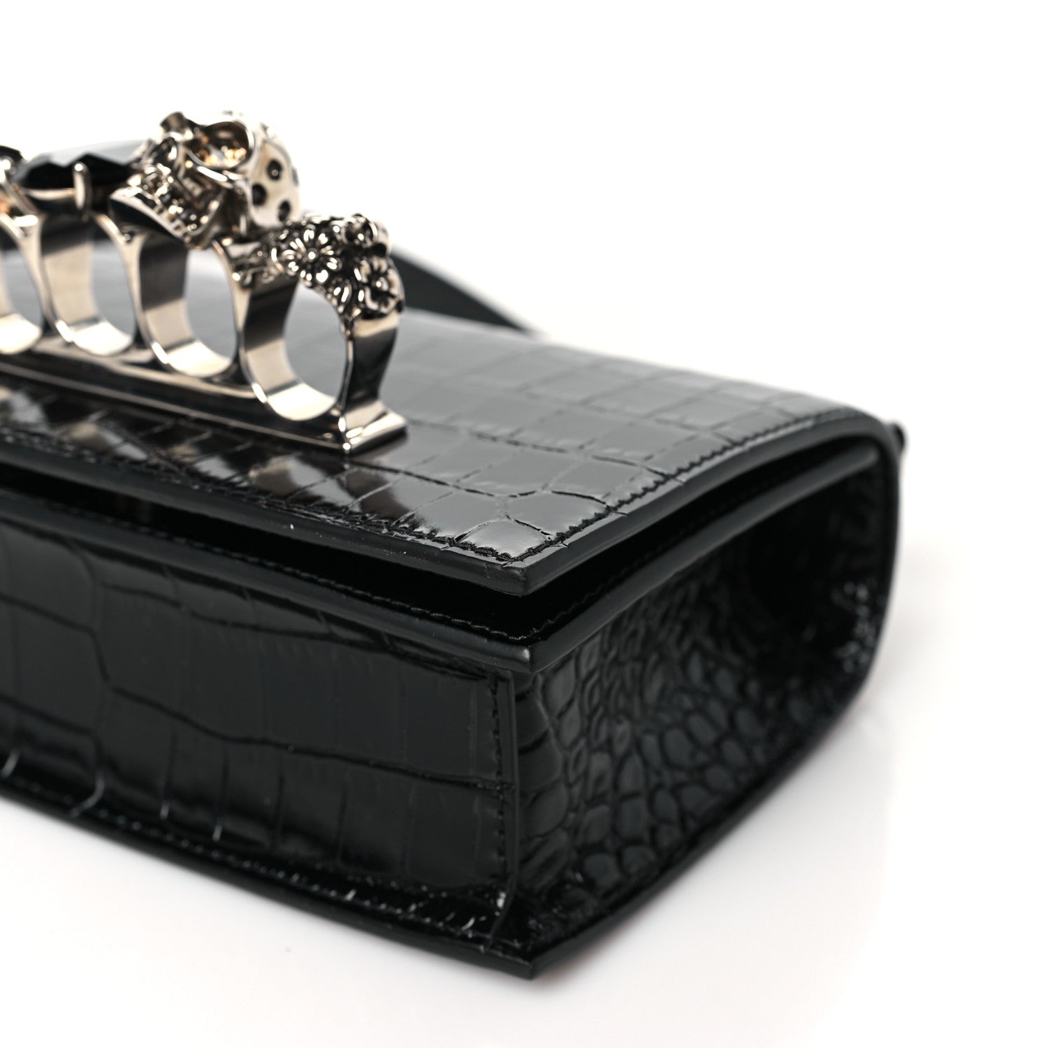 Alexander McQueen Calfskin Shiny Crocodile Embossed Jeweled Satchel Black 9 of 9