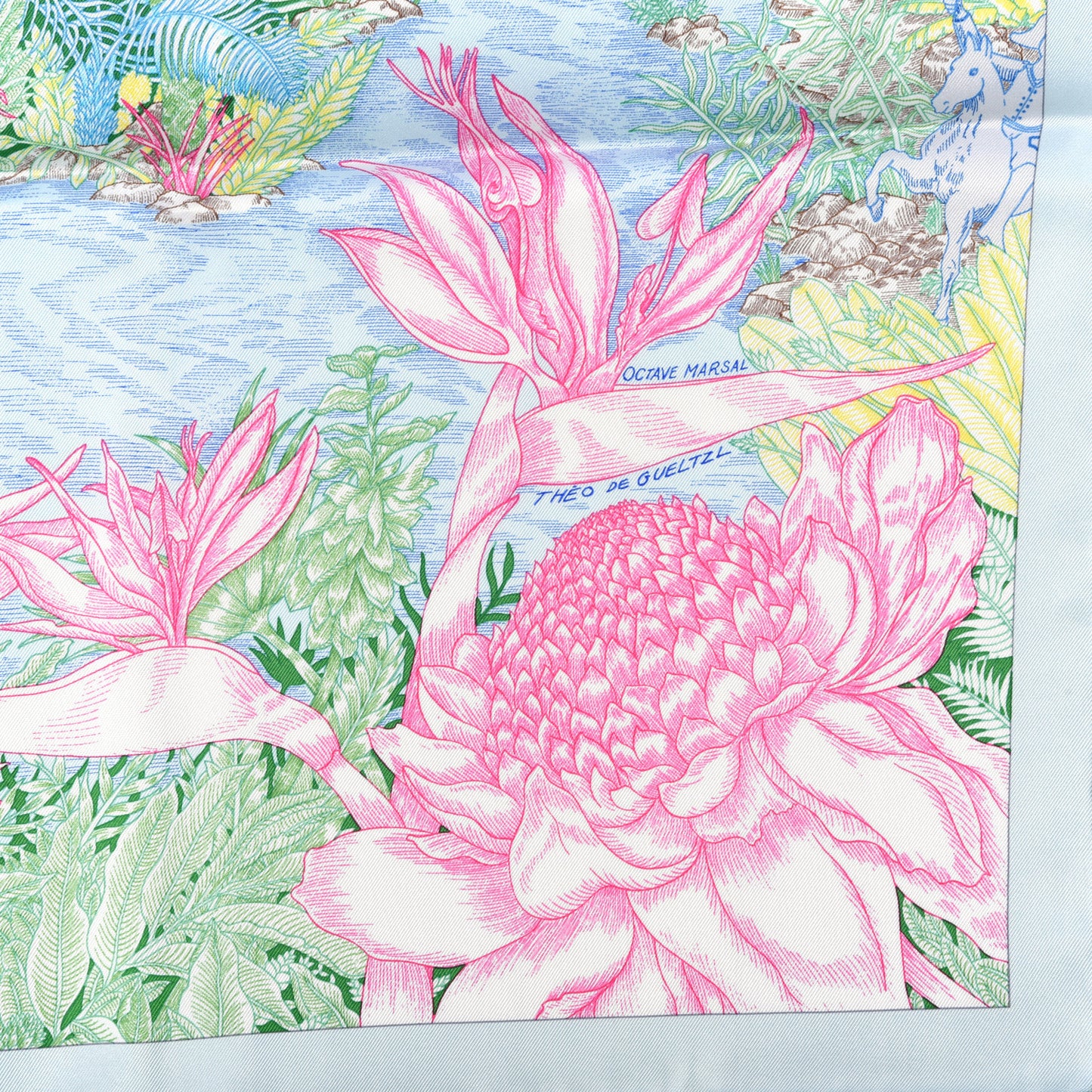 Silk Twill Faubourg Tropical Scarf 90 Bleu Vert Jaune