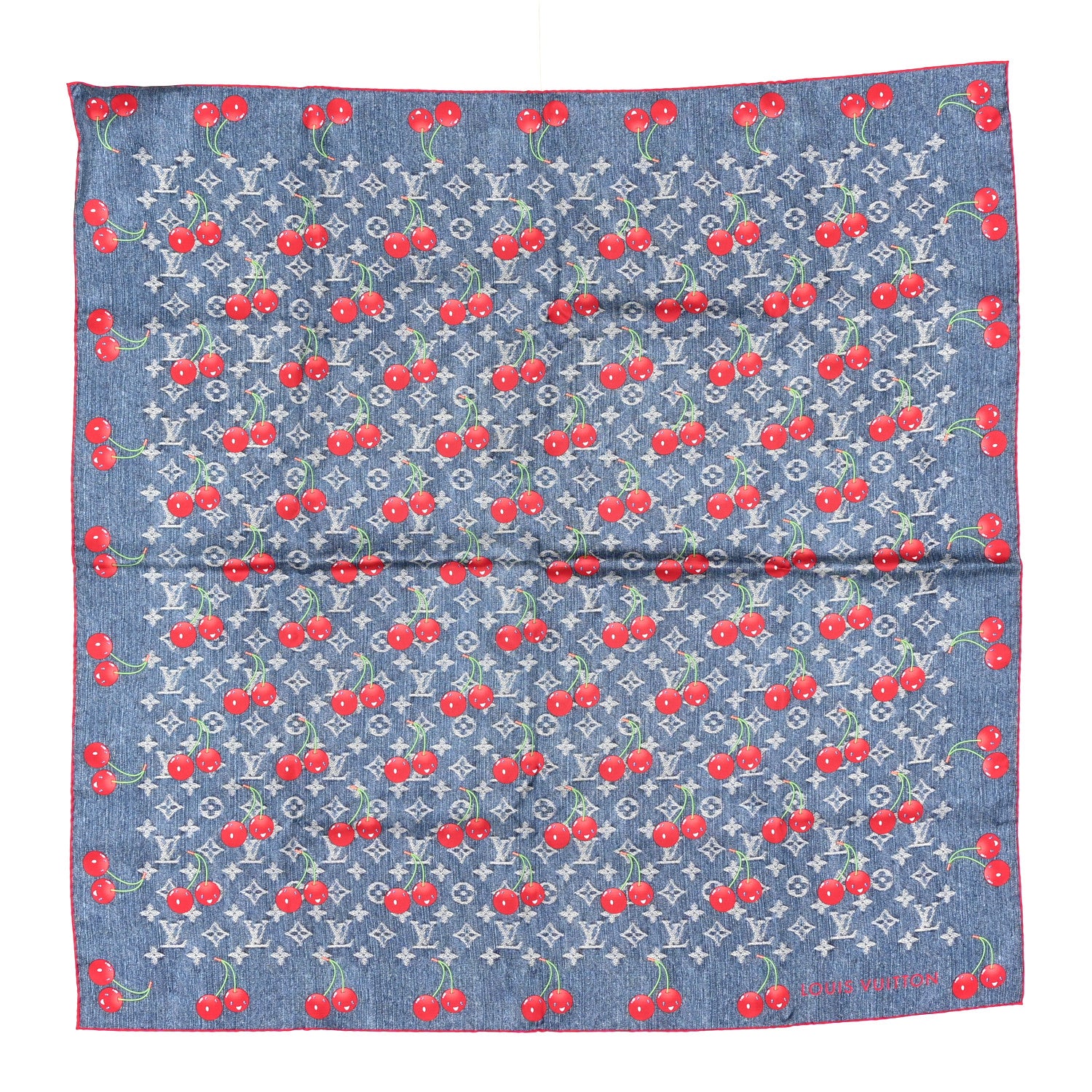 Louis Vuitton LV X TM Silk Monogram Cerises Square Scarf 90 Denim Blue 1 of 3