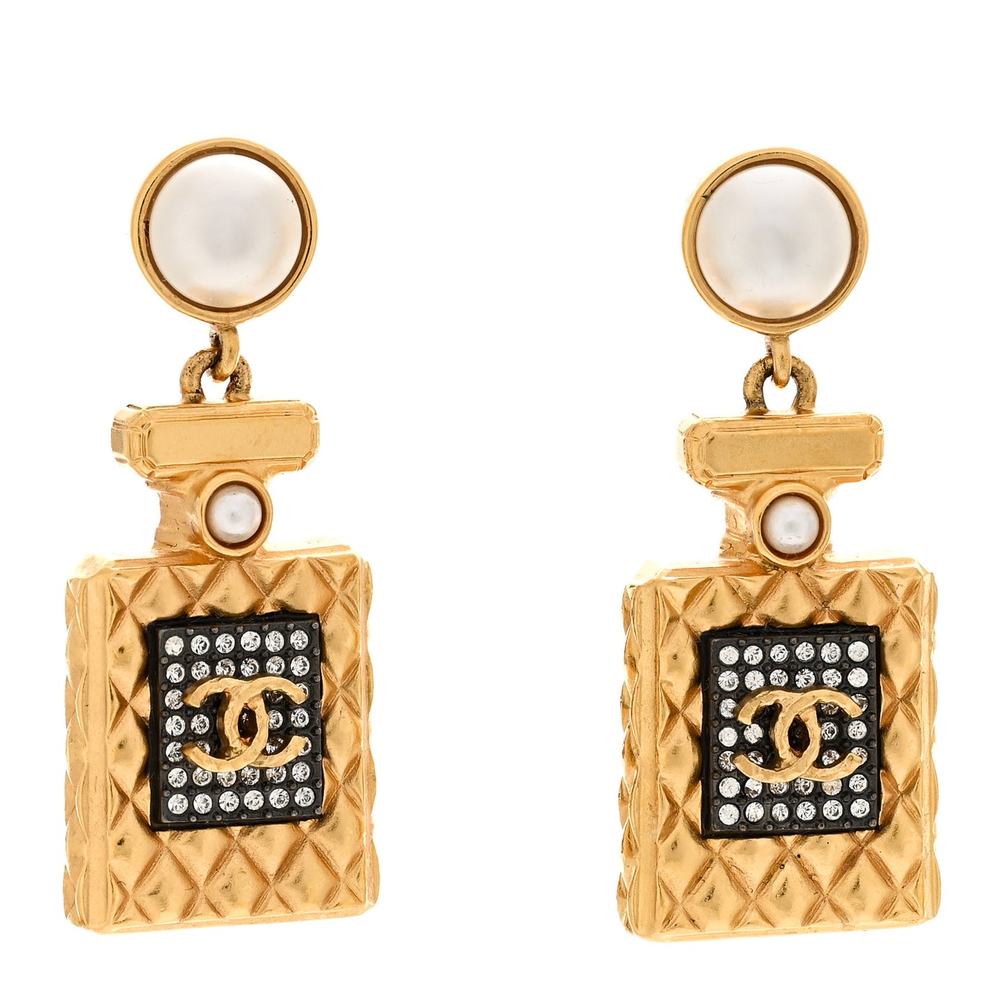 Crystal Pearl CC Perfume Bottle Drop Earrings Gold