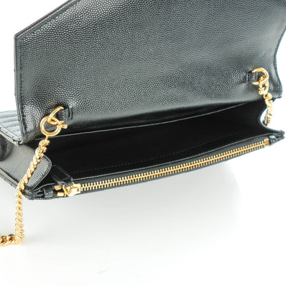 Saint Laurent Grain De Poudre Matelasse Chevron Monogram Chain Wallet Black 5 of 7