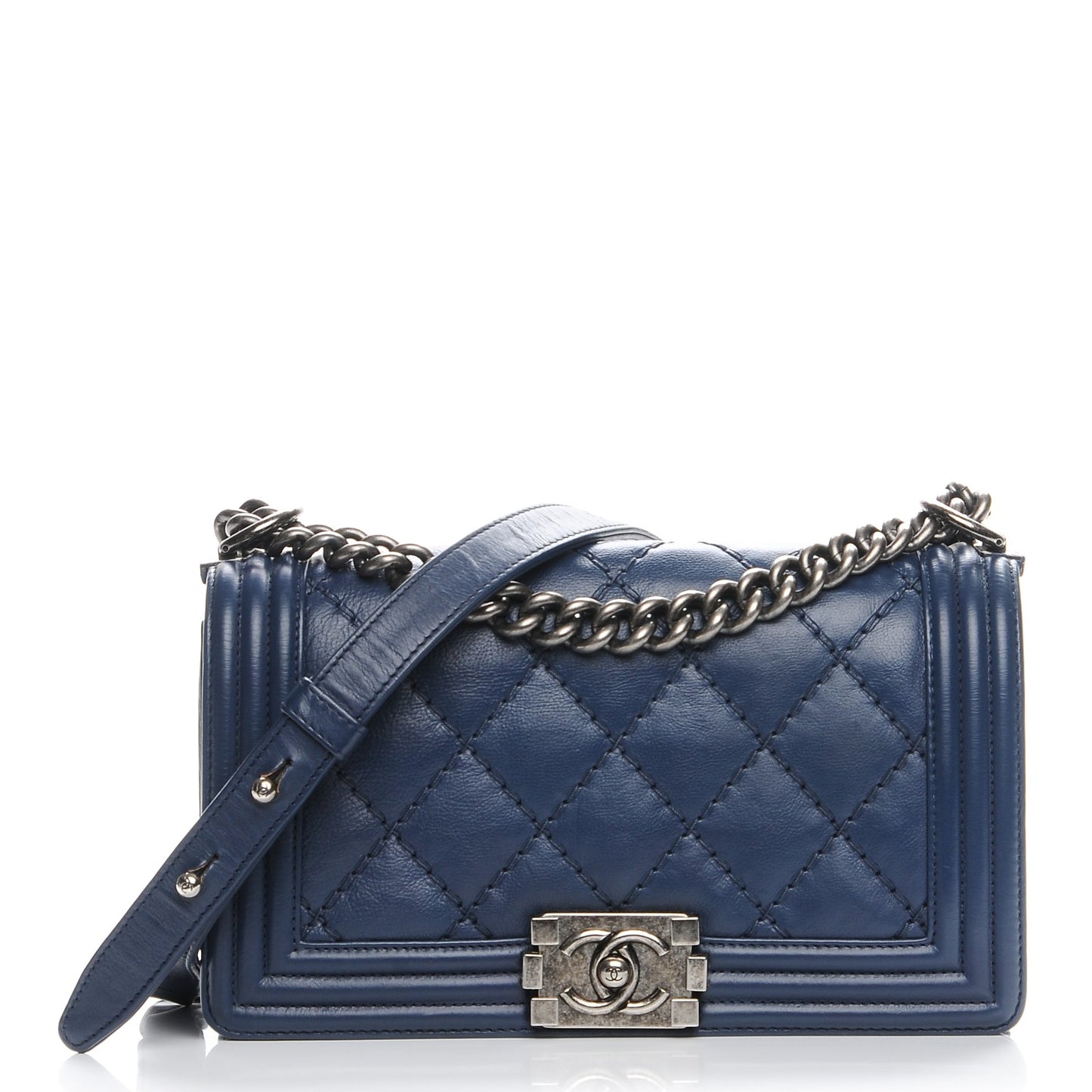 Calfskin Double Stitch Medium Boy Flap Navy Blue