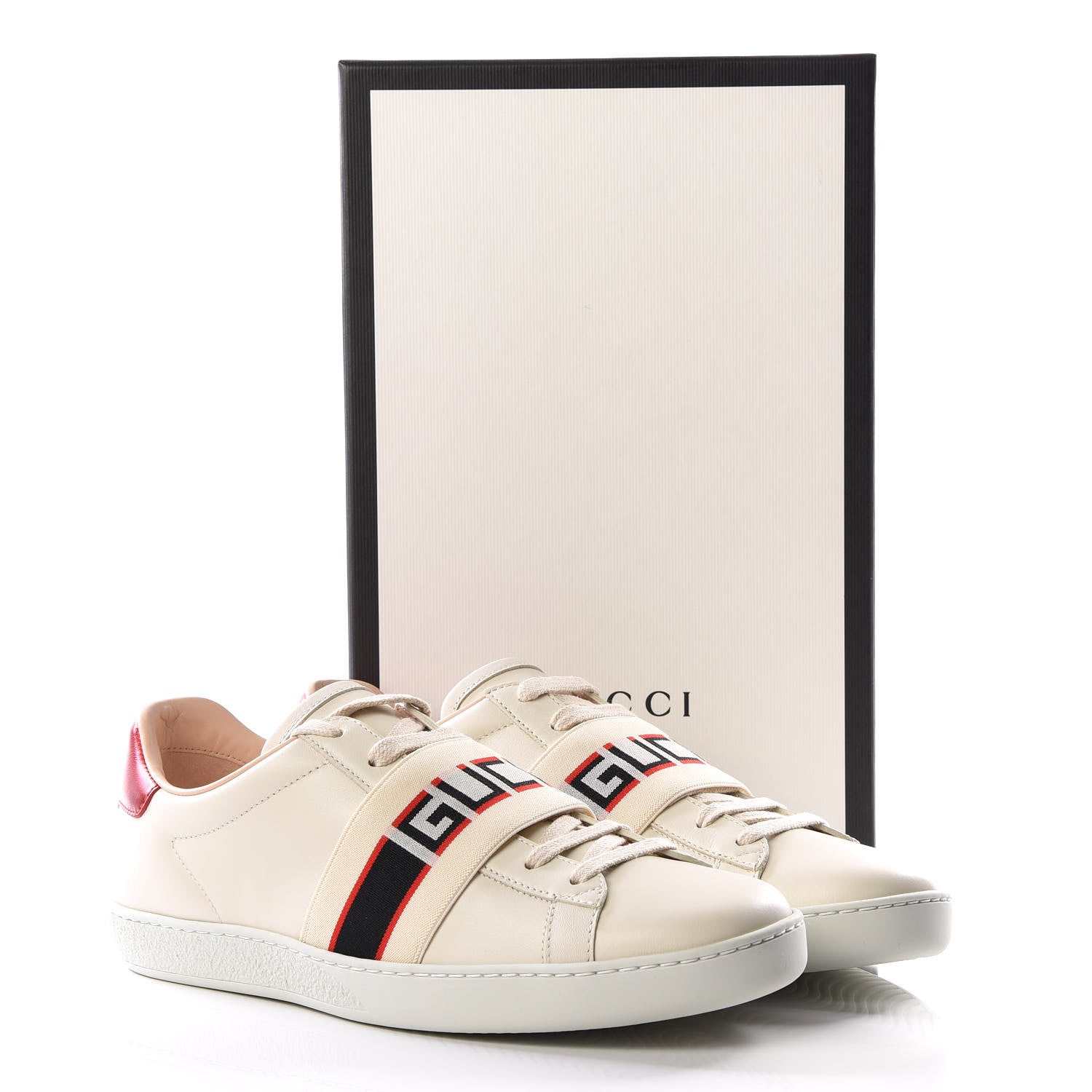 Gucci Calfskin Stripe Womens New Ace Sneakers 38.5 New Mystic White Ecru Red Flame 9 of 9