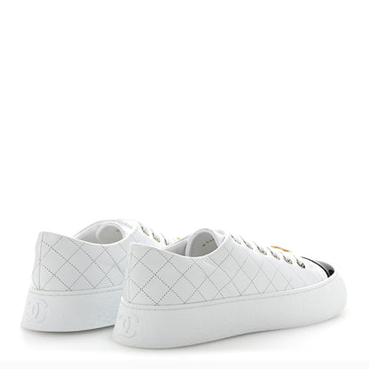 Chanel Crumpled Lambskin Patent Cap Toe CC Stitched Sneakers 41 White Black 5 of 10