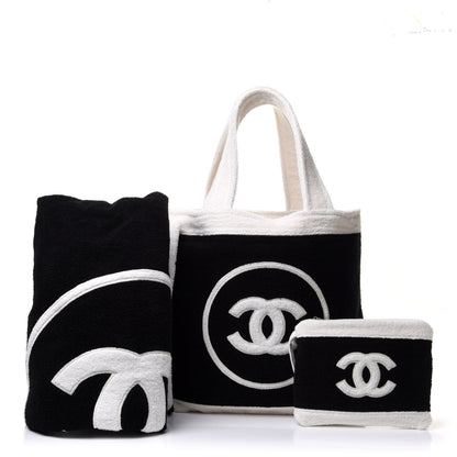 Chanel Terry Cotton CC Beach Tote Towel Set Black White 1 of 12