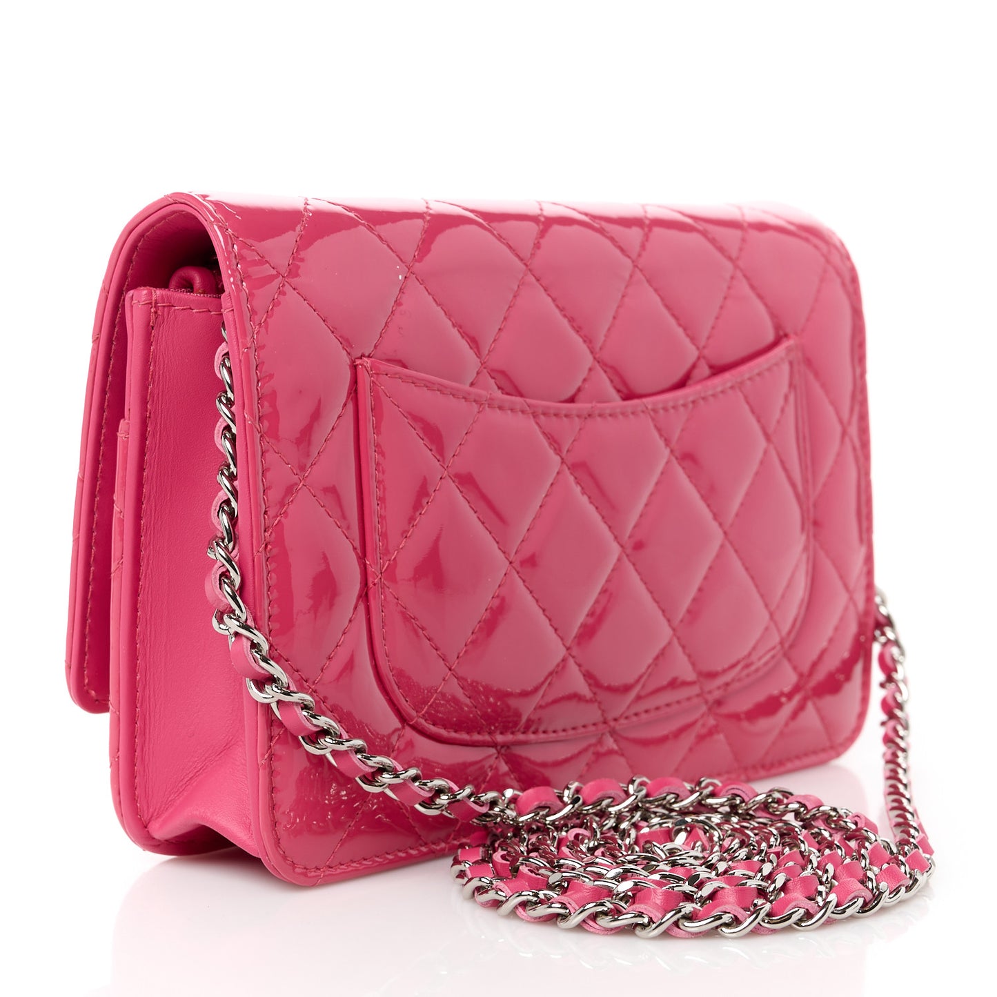 Patent Calfskin Quilted Wallet On Chain WOC Pink