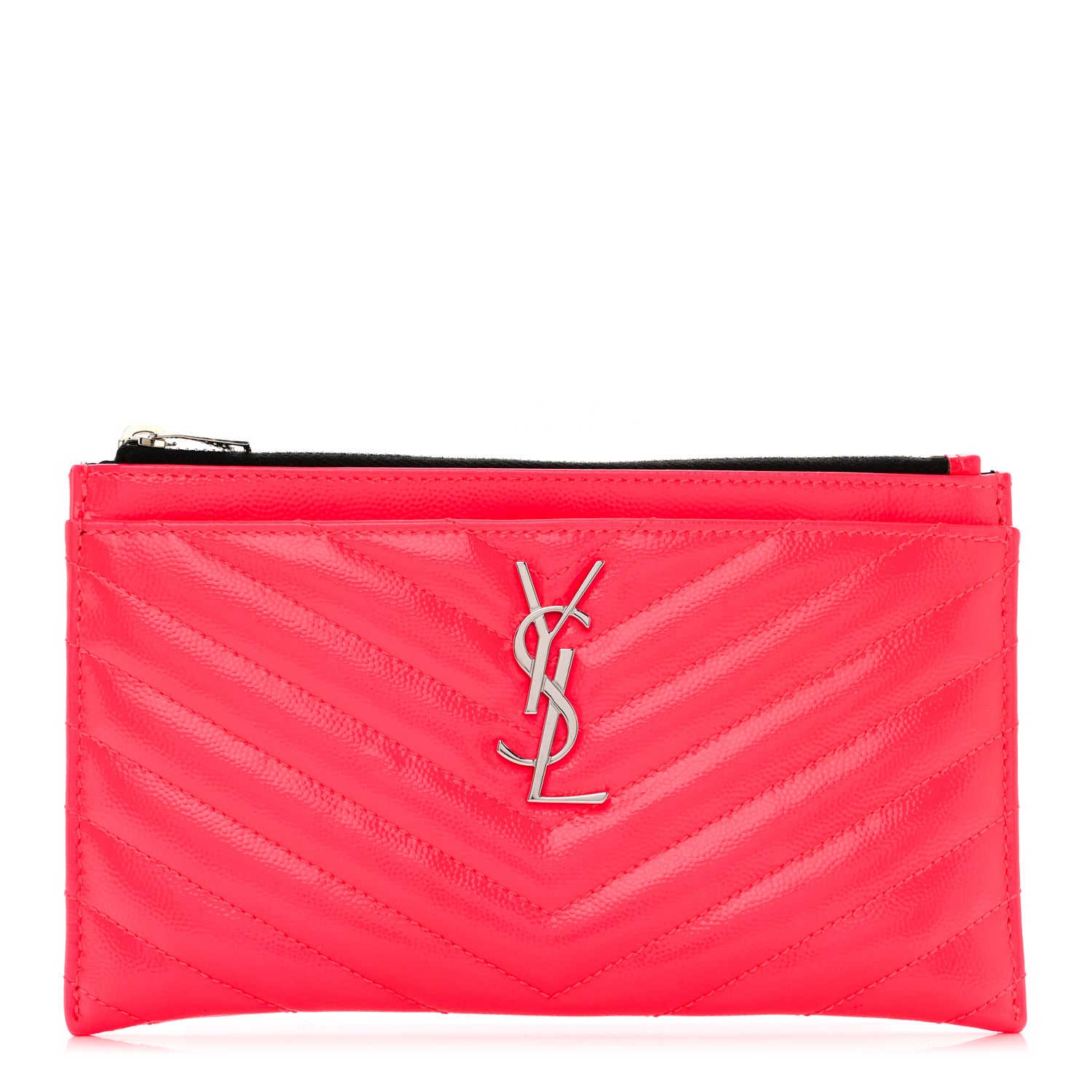 Saint Laurent Patent Grain De Poudre Matelasse Chevron Monogram Bill Pouch Neon Pink 1 of 8
