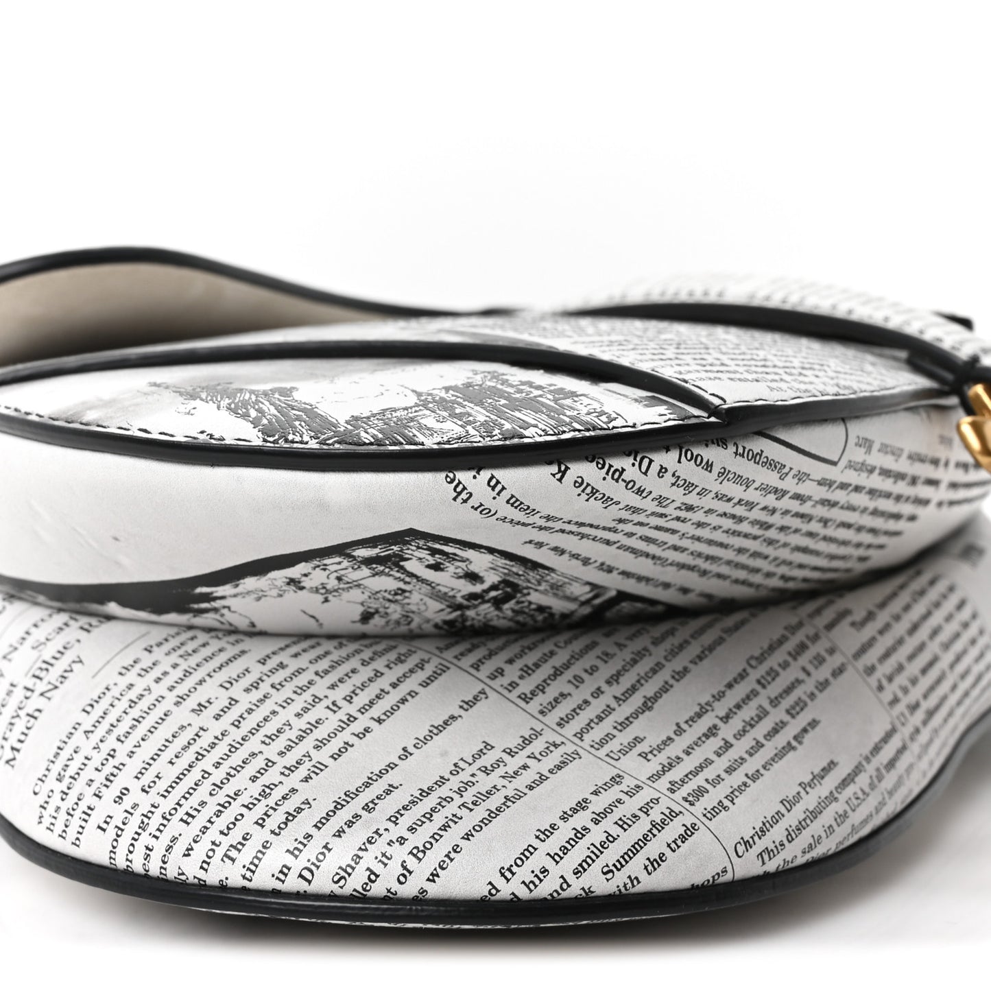 Calfskin Newspaper Printed Saddle Bag With Strap Black White