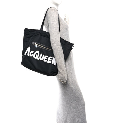 Alexander McQueen Nylon Graffiti Logo The Bundle Tote Black White 3 of 17