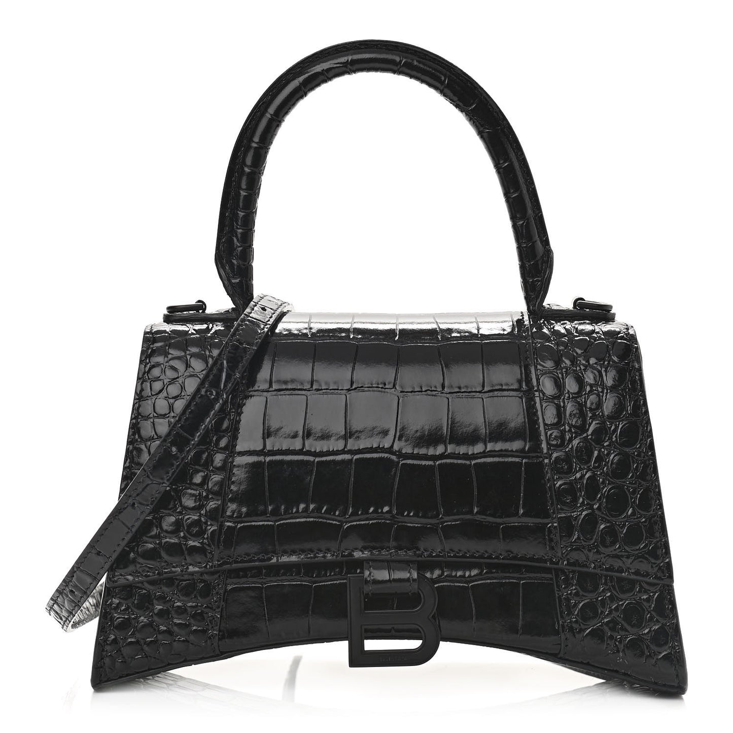 Shiny Calfskin Monochrome Crocodile Embossed Small Hourglass Top Handle Bag Black