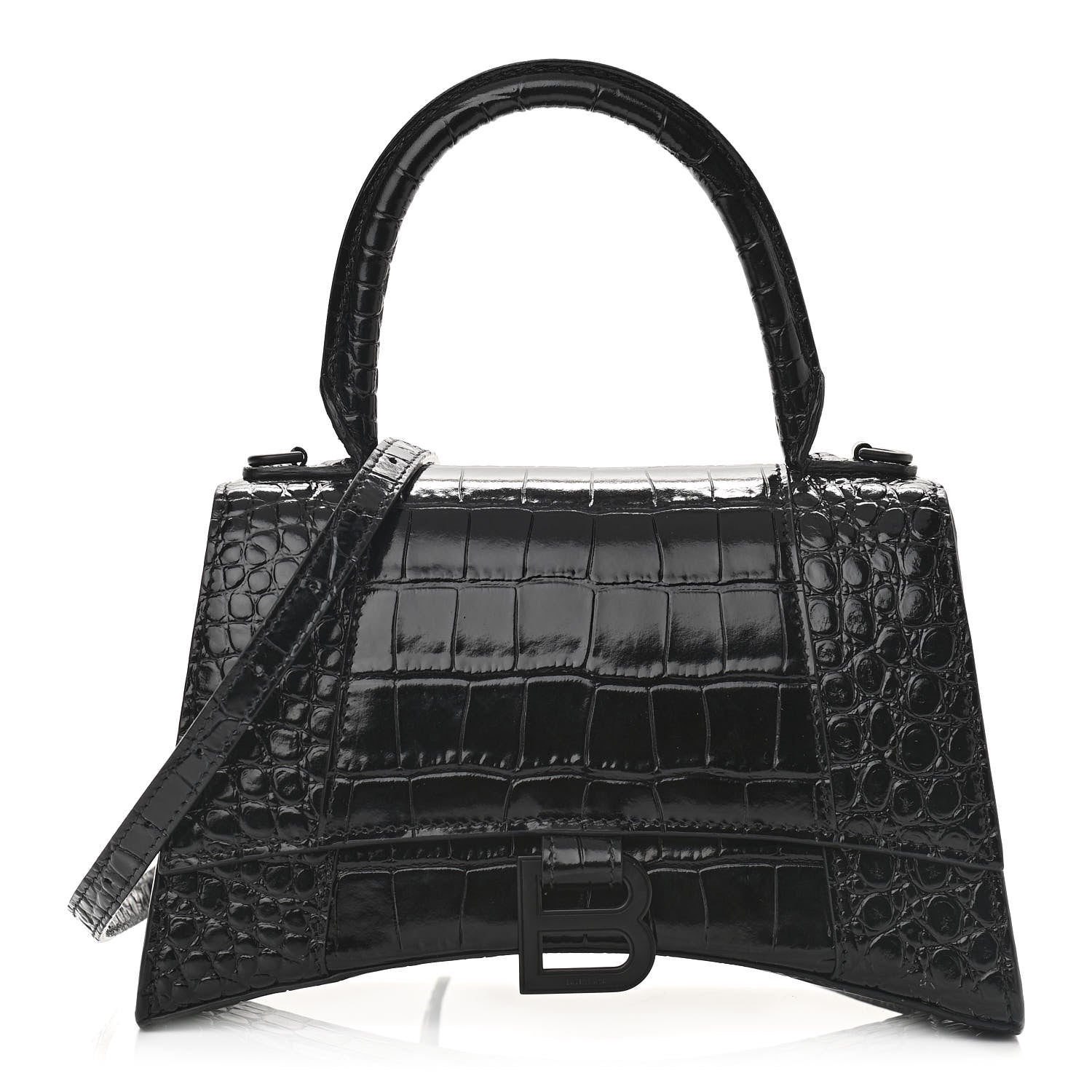 Balenciaga Shiny Calfskin Monochrome Crocodile Embossed Small Hourglass Top Handle Bag Black 1 of 10