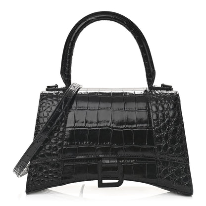 Balenciaga Shiny Calfskin Monochrome Crocodile Embossed Small Hourglass Top Handle Bag Black 1 of 10