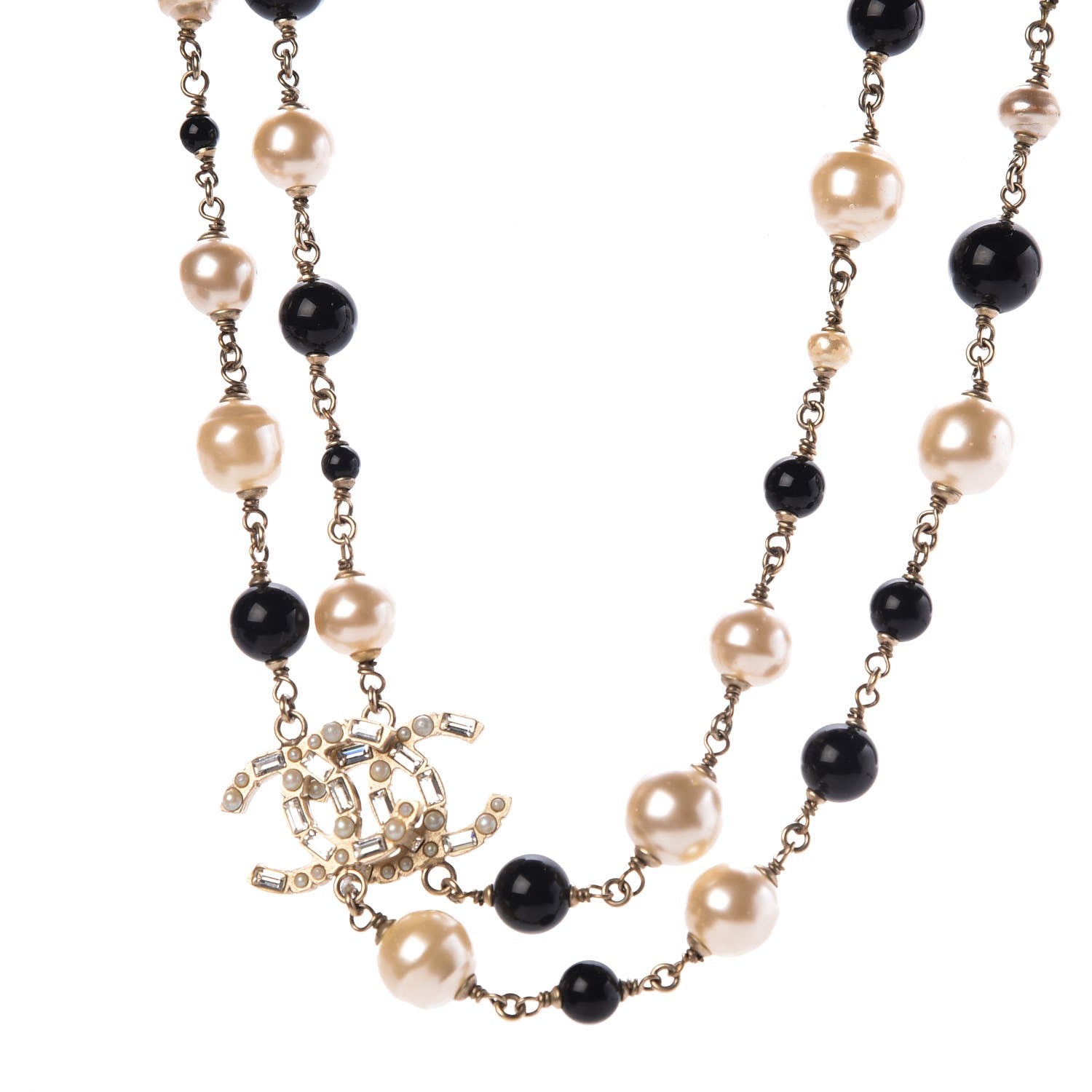 Chanel Pearl Crystal Baguette Beaded CC Long Necklace Black Gold 1 of 5