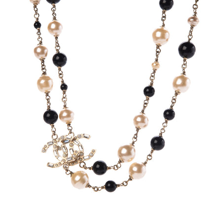 Chanel Pearl Crystal Baguette Beaded CC Long Necklace Black Gold 1 of 5