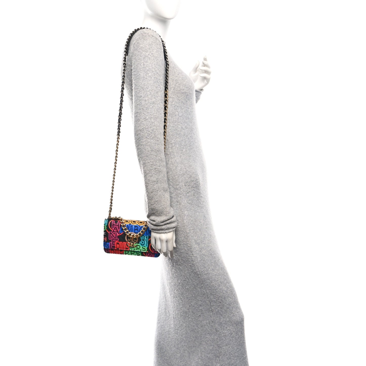 Fabric Printed Chanel 19 Wallet On Chain WOC Black Multicolor