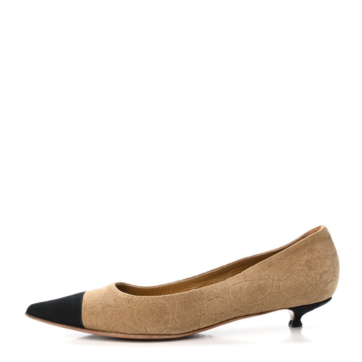 Chanel Suede Camellia Embossed Cap Toe Low Heel Pumps 38 Beige Black 1 of 4