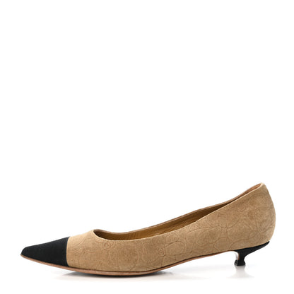 Chanel Suede Camellia Embossed Cap Toe Low Heel Pumps 38 Beige Black 1 of 4