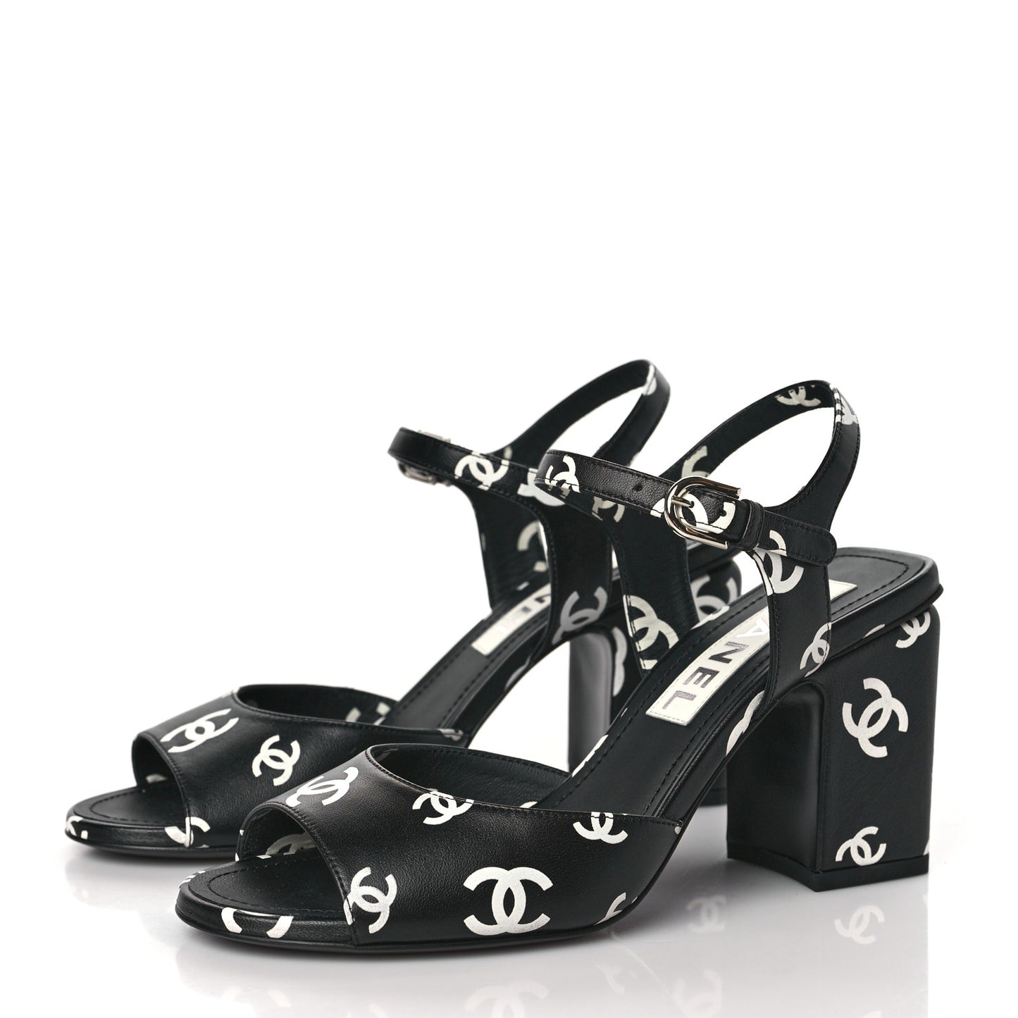 Printed Lambskin CC Sandals 36 Black White