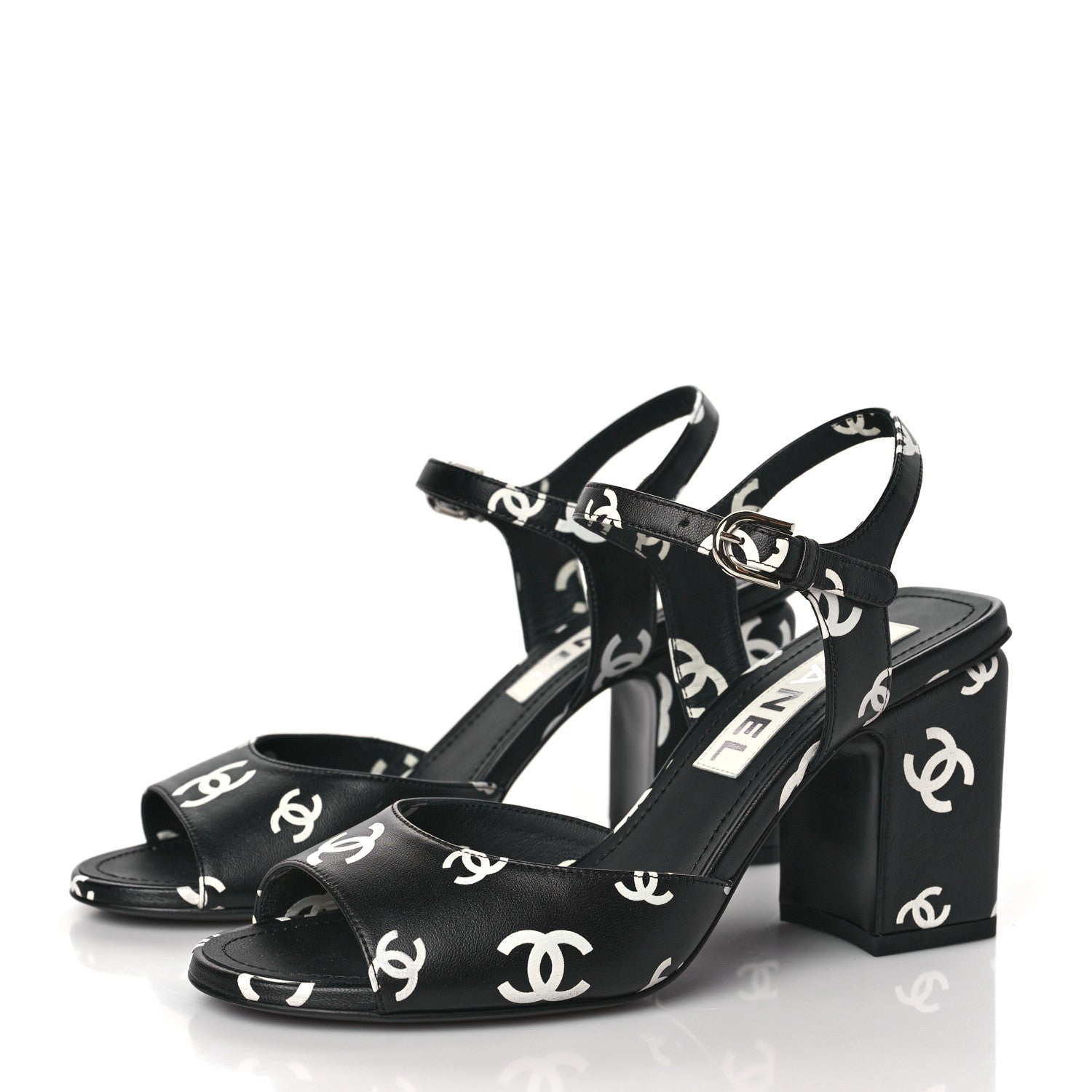 Chanel Printed Lambskin CC Sandals 36 Black White 3 of 8