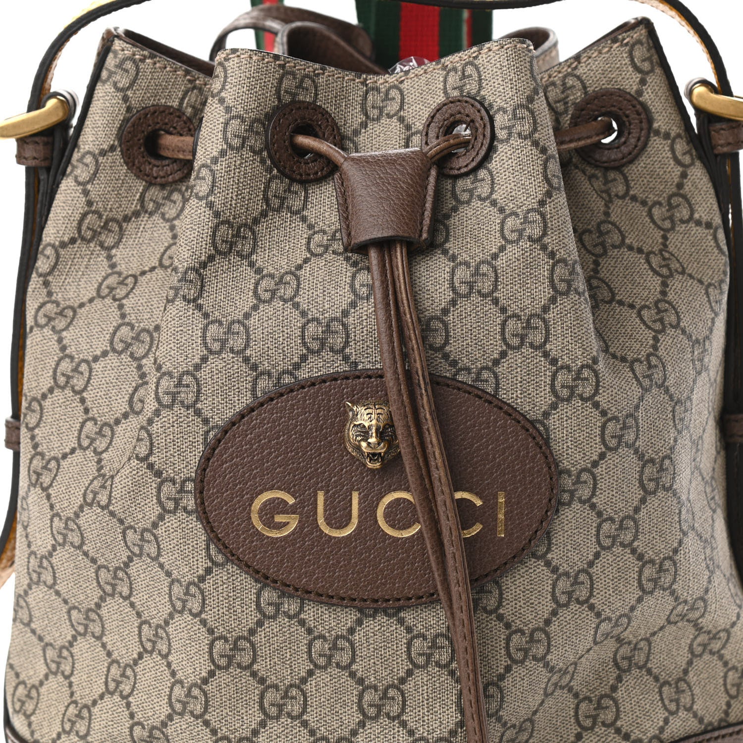 Gucci GG Supreme Monogram Neo Vintage Drawstring Bucket Backpack Beige New Acero Crop 8 of 12