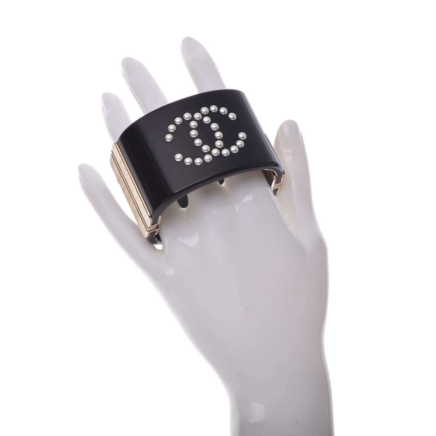 Chanel Resin Pearl Crystal CC Cuff Black 2 of 4