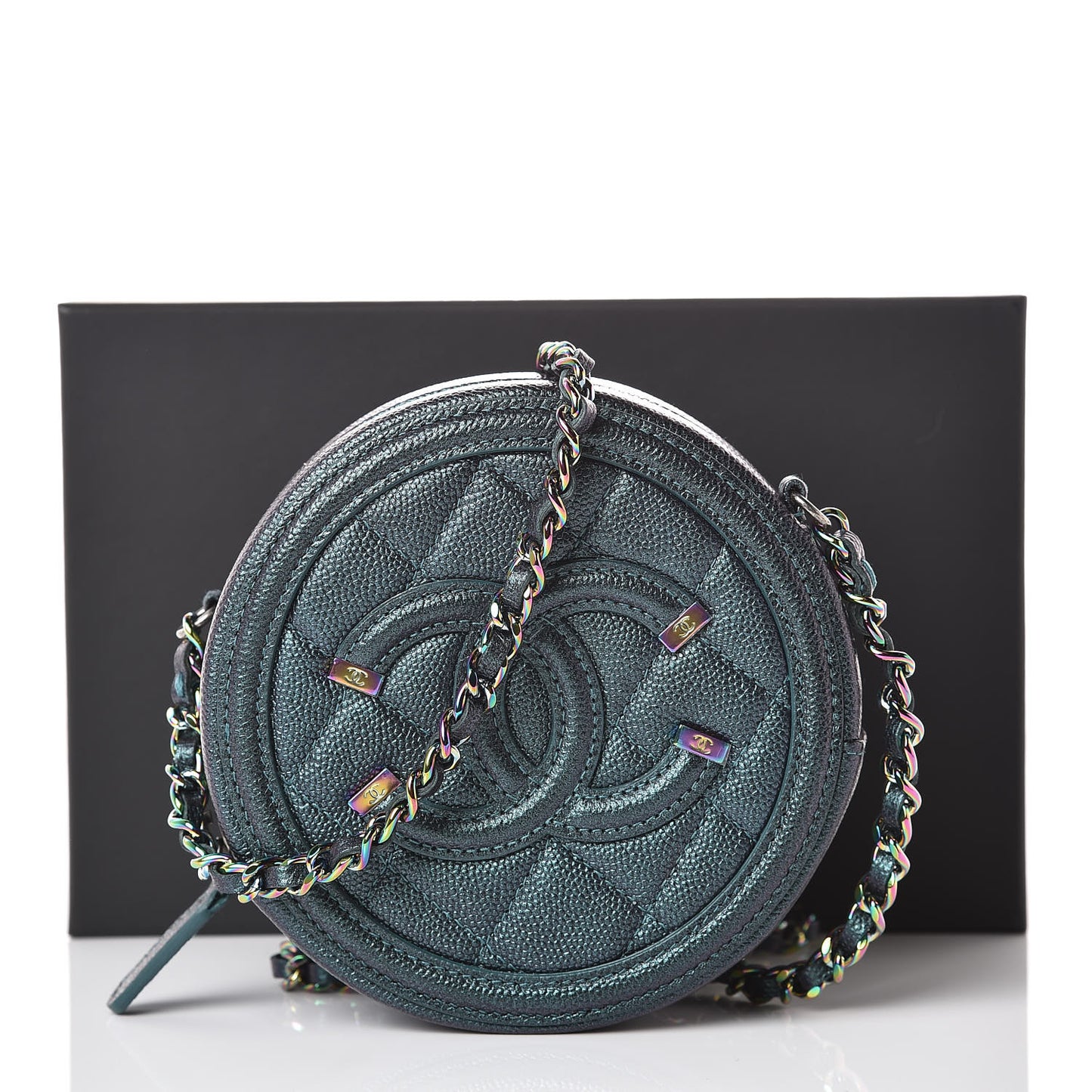 Iridescent Caviar Quilted Round Filigree Crossbody Dark Turquoise