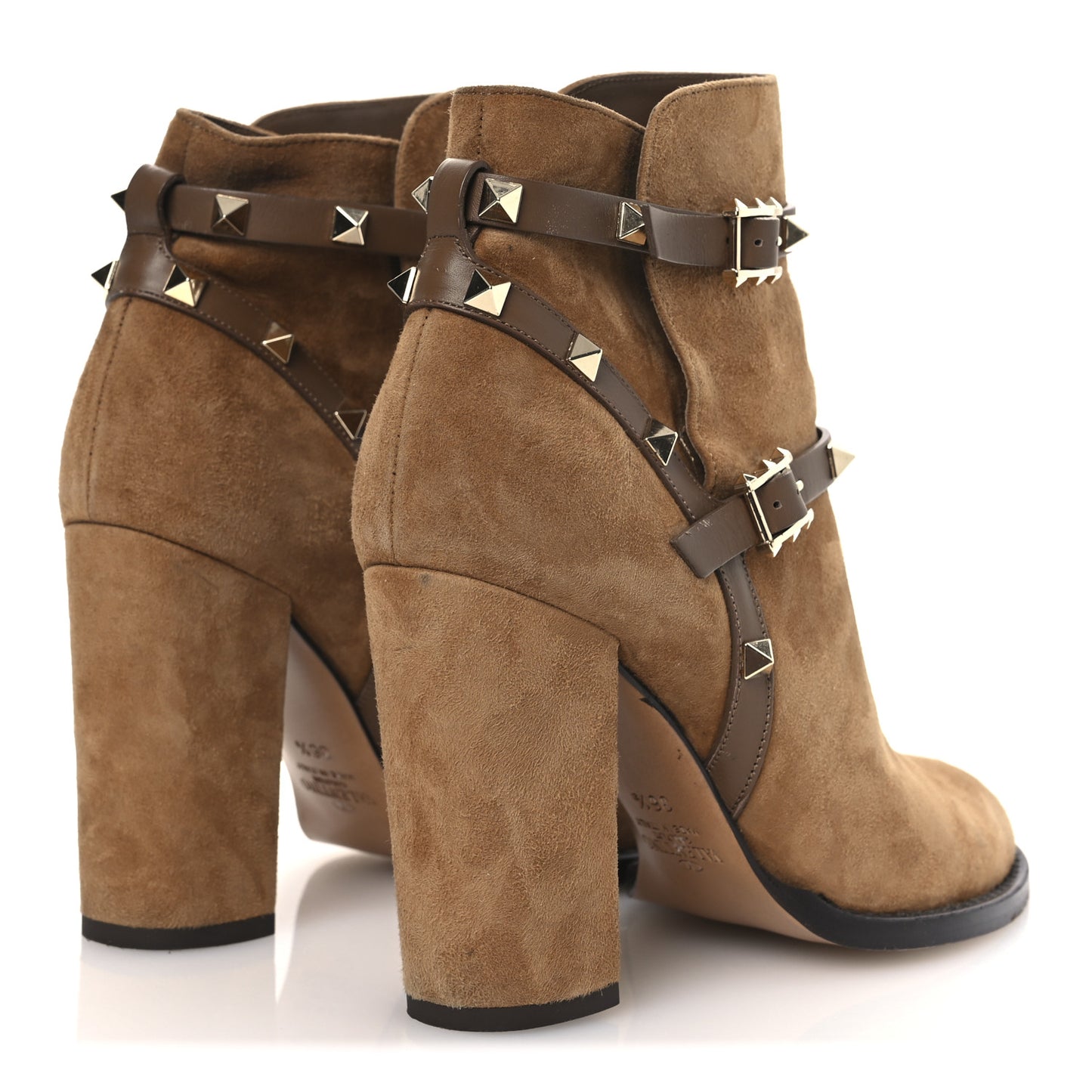 Suede Rockstud Double Buckle 100mm Block Heel Ankle Boots 36.5 Nocciola