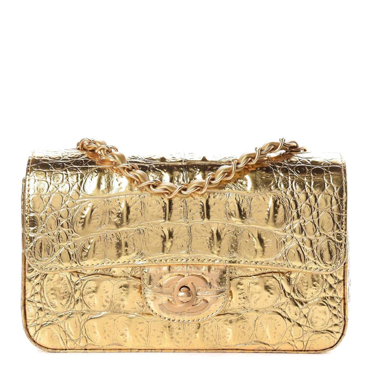 Metallic Calfskin Crocodile Embossed Cocodile Rectangular Mini Flap Gold