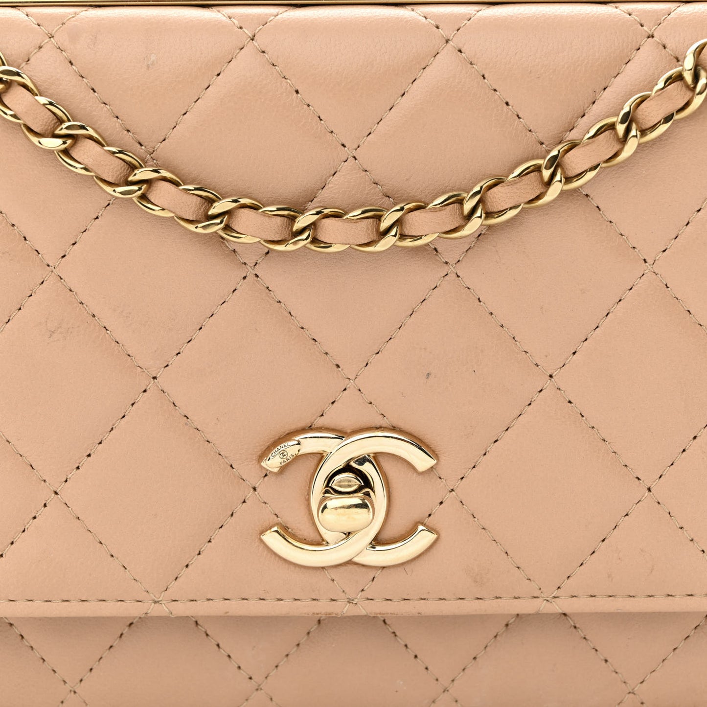 Lambskin Quilted Trendy CC Wallet On Chain WOC Beige