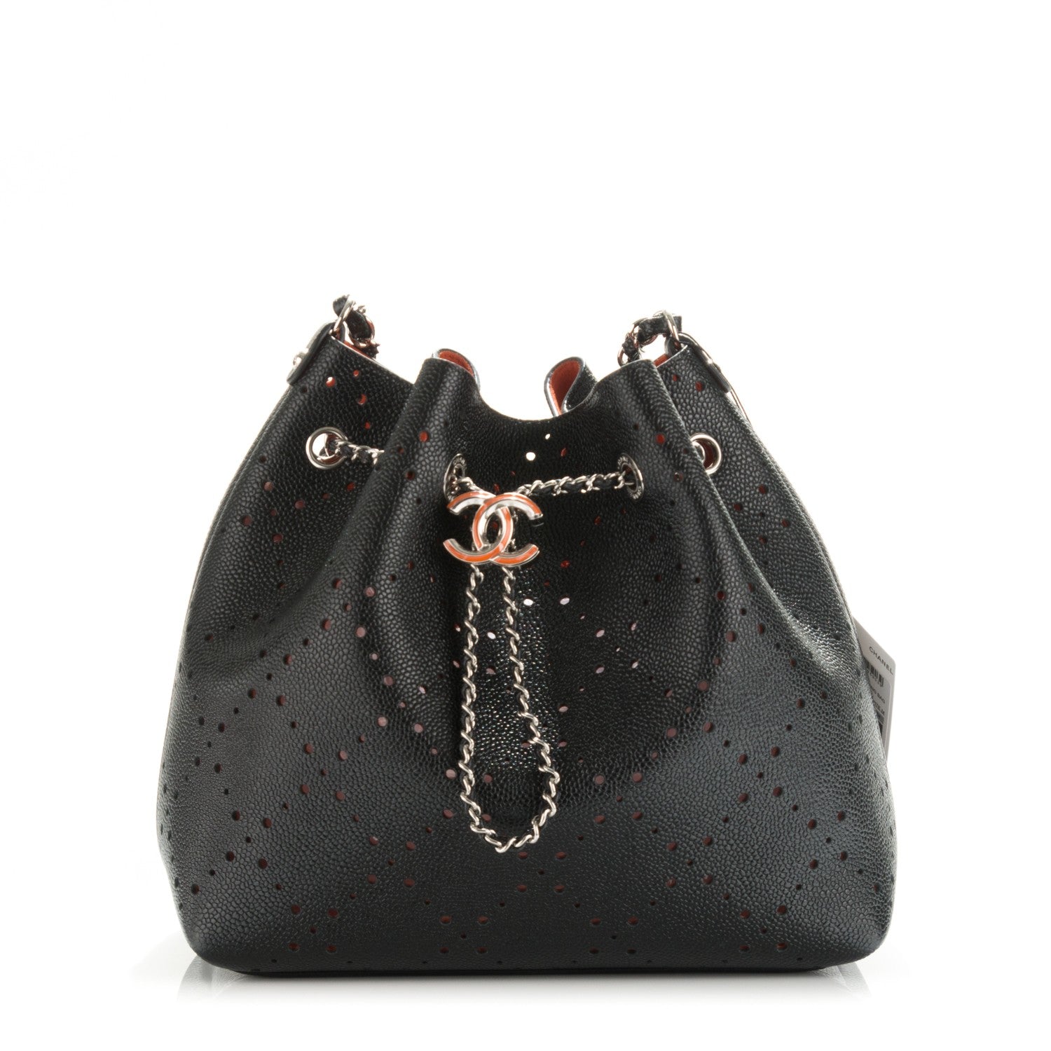 Chanel Caviar Perforated Drawstring CC Bag Black Orange 9 of 16