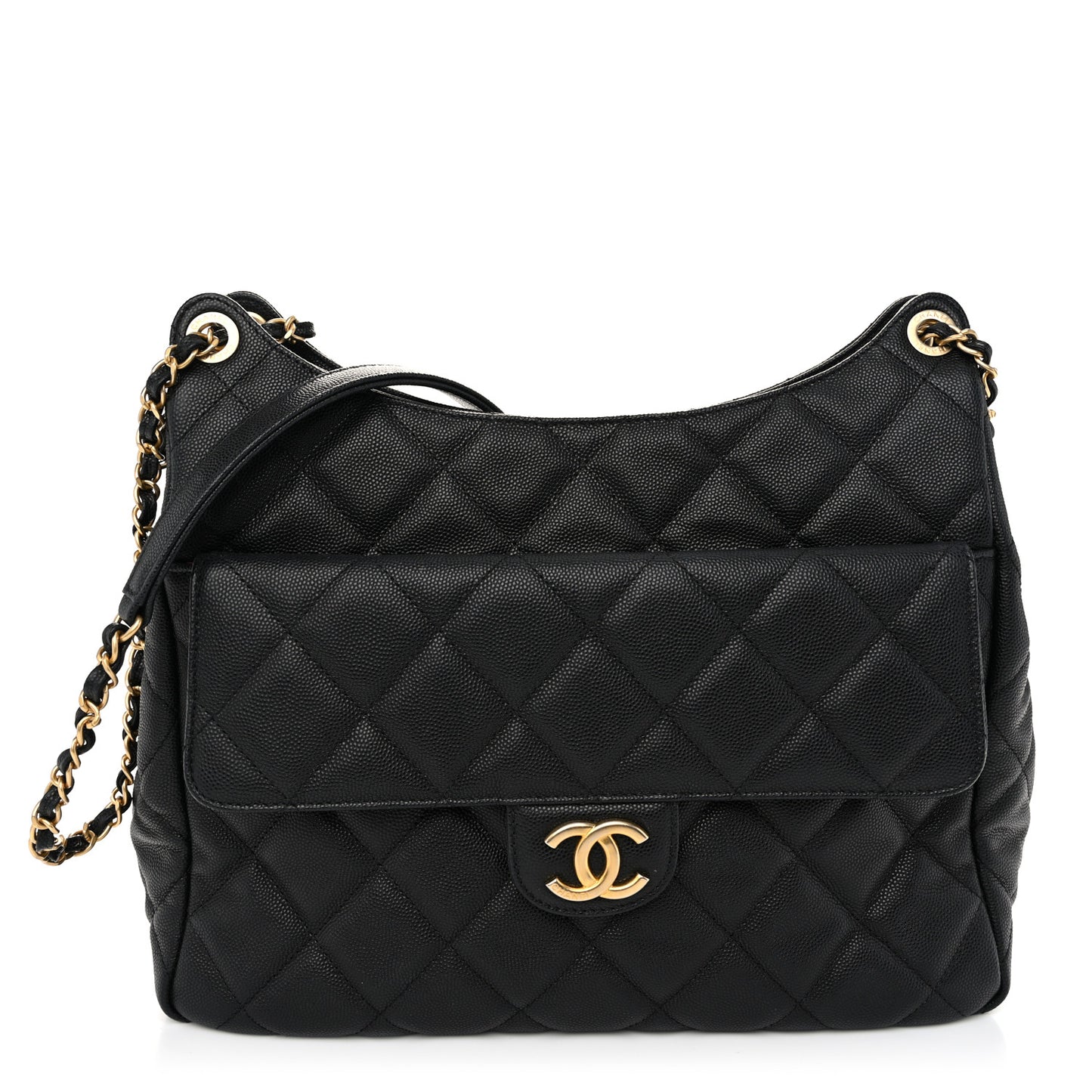 Caviar Quilted Large Wavy CC Hobo Black
