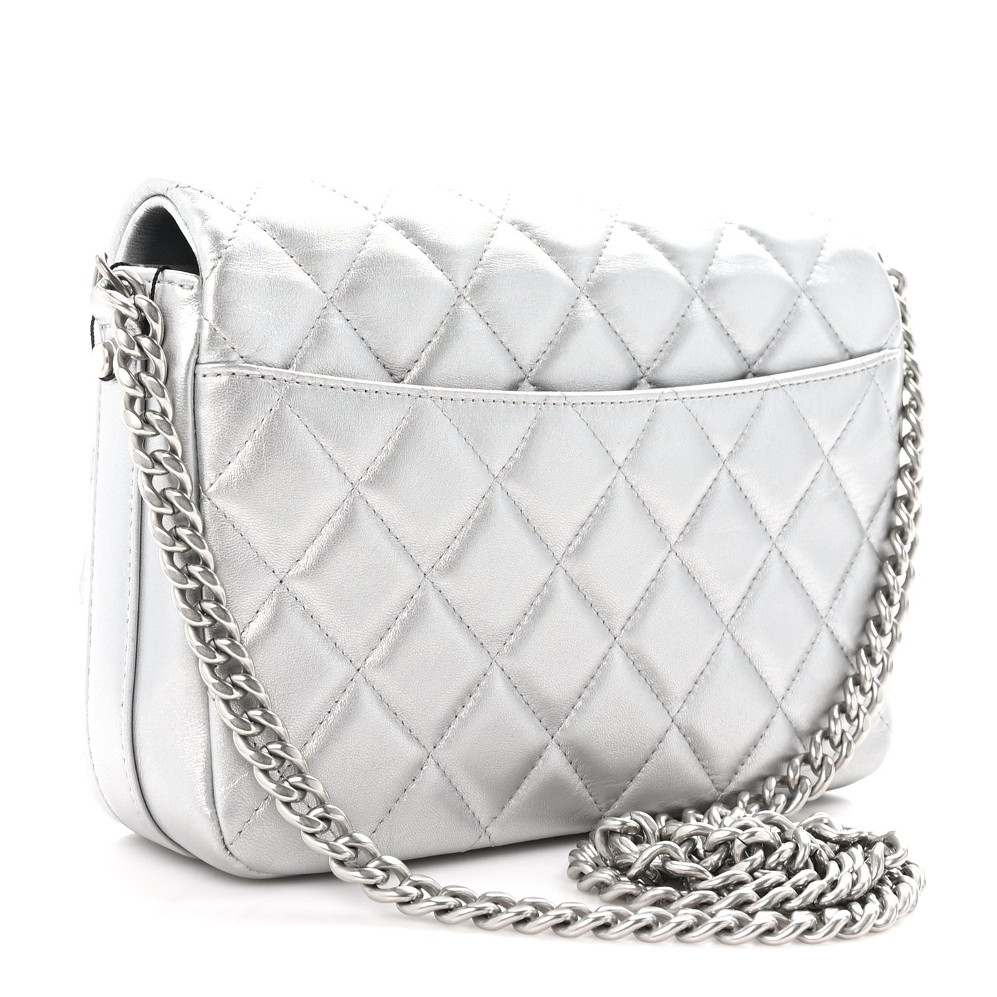 Metallic Lambskin Quilted Mini Maxi CC Flap Argent