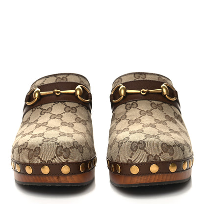 Gucci Monogram Goatskin Horsebit Clog Mules 39 Beige Ebony Brown Sugar 2 of 9