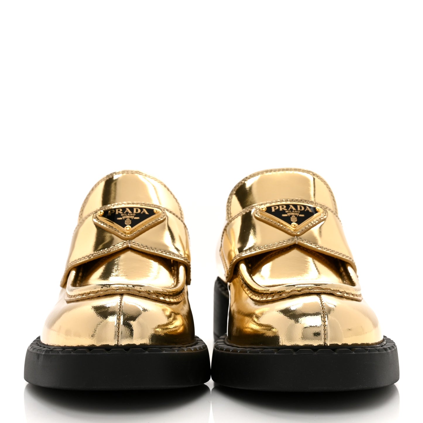 Metallic Brushed Calfskin Metal Triangle Logo 50mm Loafers 36.5 Platino