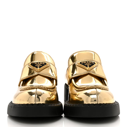 Prada Metallic Brushed Calfskin Metal Triangle Logo 50mm Loafers 36.5 Platino 2 of 9